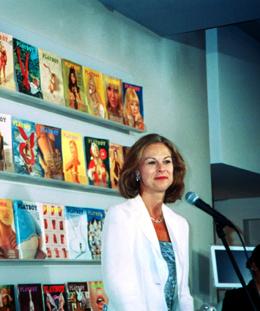 Christie Hefner, chief executive officer of Playboy Entrprises, speaks at the opening of a Playboy store outlet. Photo: dpa Features
