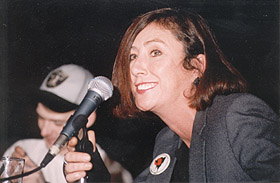 Penny spoke at the Forum on Prostitution, organized by the E. Fry Society, at the Harbourfront Centre, Toronto, December 1995. (With Matthew McGowan, background left.)