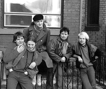 Danny Cockerline, Chris Bearchell, David Verschagen on the front steps of 97 Walnut Avenue. 1985.
