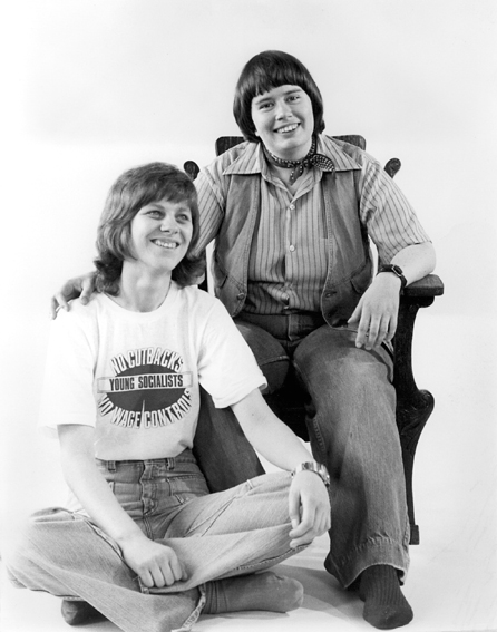 Chris with Konnie Reich (sitting in front, left side). Story in The Body Politic, Yeah, I'm a dyke so what about it. 1976