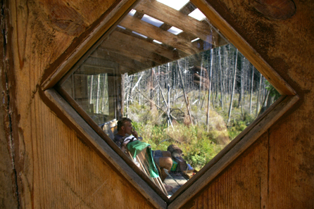 Reflections through CB's front door.