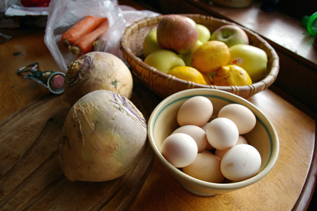 Fresh whole foods (Jay's eggs).