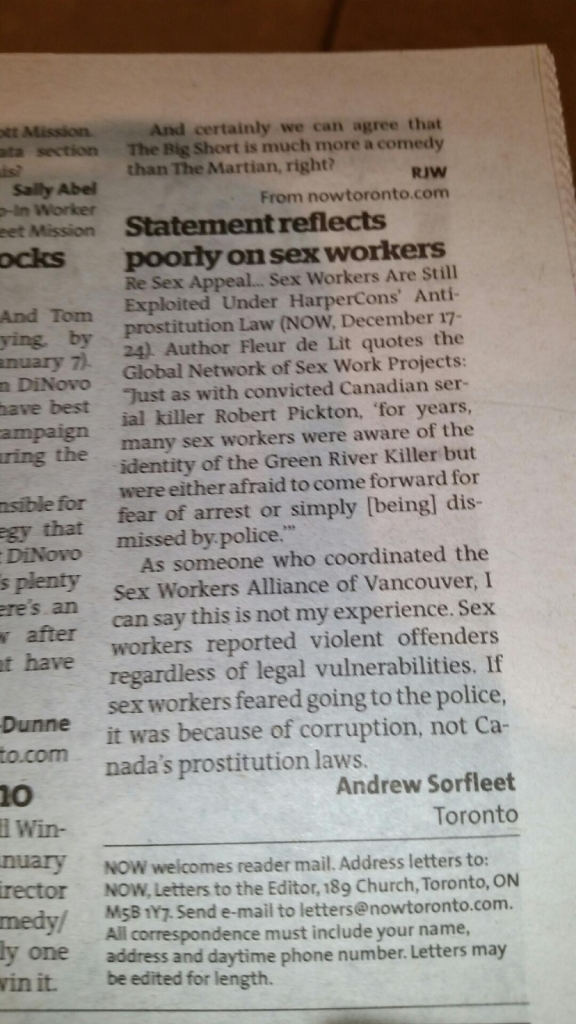 Letter, NOW Magazine, December 24-31, 2015.