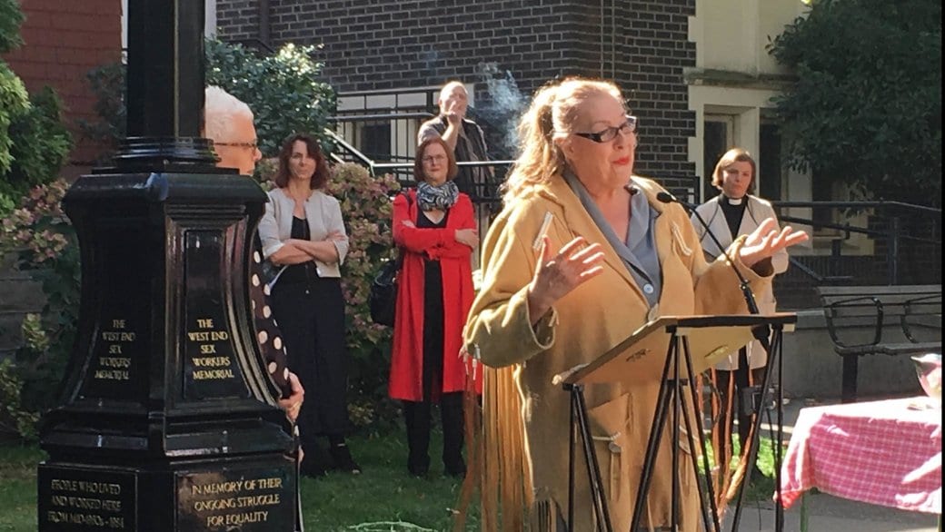 Jamie Lee Hamilton addresses the crowd at the Sept 16, 2016, opening of a new memorial to honour sex workers expelled from the West End in the 1980s. Credit: Rosemary Newton/Daily Xtra