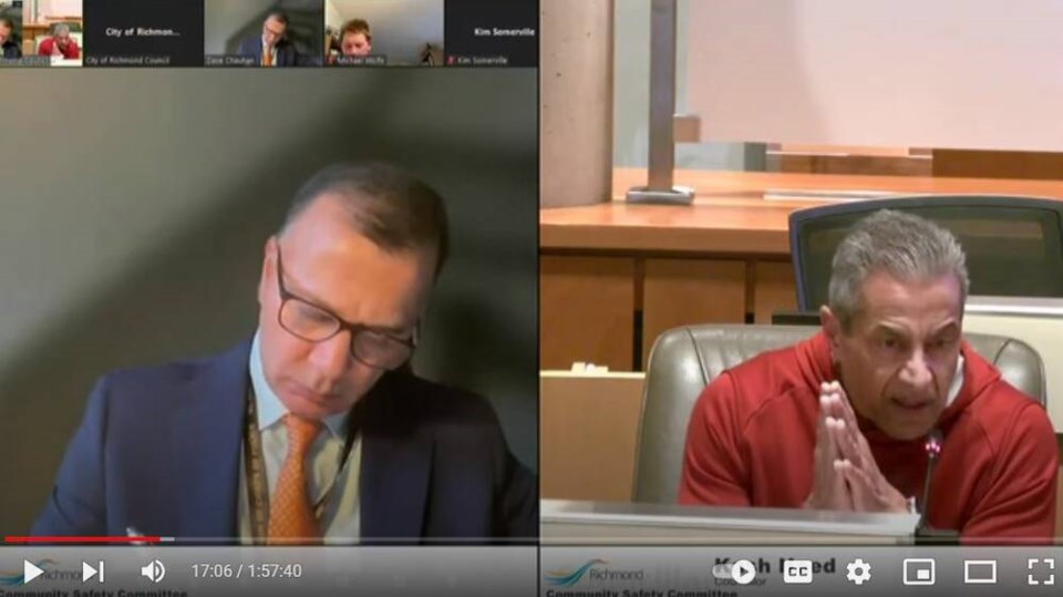 Coun. Kash Heed (right) discusses how to approach the sex work industry in Richmond with RCMP Chief Supt. Dave Chauhan. PHOTO: City of Richmond screenshot