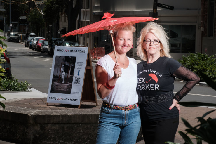 Sex worker advocates Julie Bates AO, right, and Catherine Freyne at the Yurong St, Darlinghurst site where Joy once stood. Photo: Oscar Colman