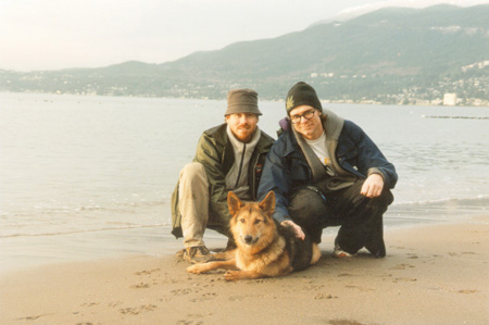 Family Portrait - Left to Right: Bill Powers, Molly and Prof. Woods. (Second Beach, Vancouver, British Columbia.) PHOTO: Phil Flash, February, 2000.